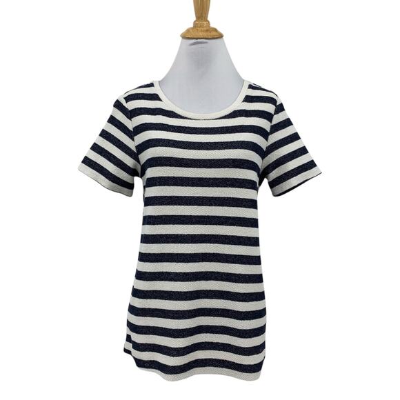 Sanctuary Top Womens S Small White Navy Textured Striped Pleated Split Back - Picture 1 of 13